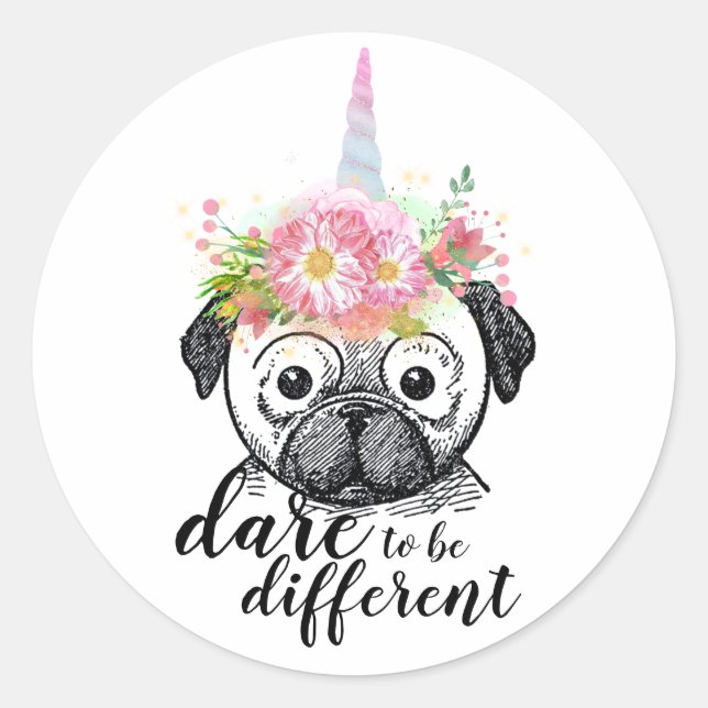 Adesivo Engraçado Pug Unicorn - Atreve-se a ser diferente (Frente)