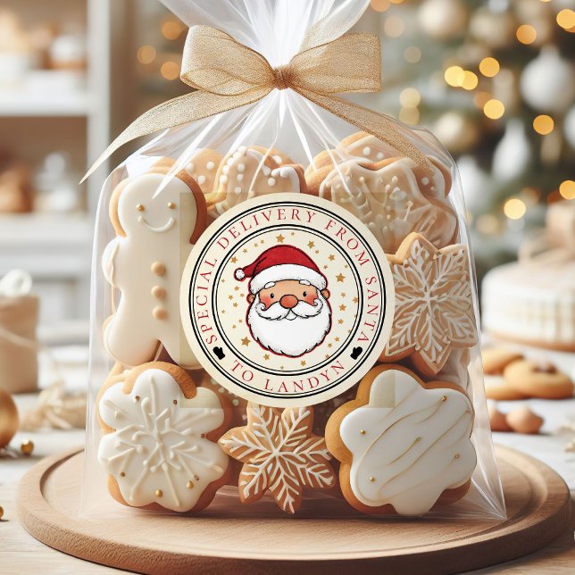 Adesivo Entrega Especial de Papais noeis Personalizados (Santa Claus Special Delivery Custom Round Christmas Sticker)