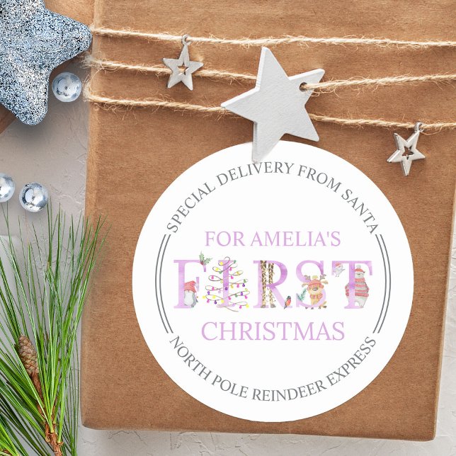 Adesivo Entrega especial de Papais noeis - Primeiro Natal  (Baby Girl's first christmas special delivery from Santa on the North Pole Reindeer Express)