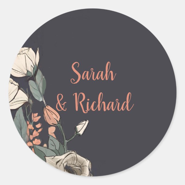 Adesivo Envelope de Casamento Floral Redondo Negro Elegant (Frente)