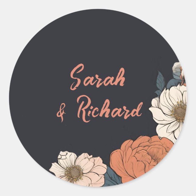Adesivo Envelope de Casamento Floral Redondo Negro Elegant (Frente)