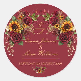 Adesivo Envelope Floral de Girassol Borgonha para Casament