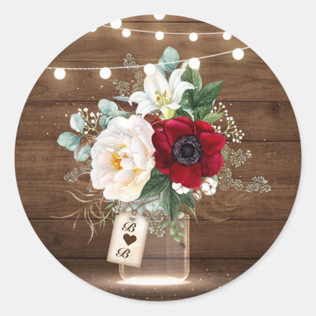 Adesivo Envelope Rustic Burgundy Floral Mason Jar Wedding (Frente)