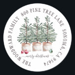 Adesivo Envelope Rustic Wood Christmas Trees Family<br><div class="desc">Vinhetas de sela de capa de Natal russa,  com cor d'água,  pinheiros de Natal,  sobre um fundo de madeira,  e o nome da sua família sobre um fundo de madeira leve. Consulte a coleção de cheios de peças correspondentes para este design em: https://www.zazzle.com/collections/rustic_pine_trees_christmas-119221021302253069</div>