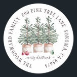 Adesivo Envelope Rustic Wood Christmas Trees Family<br><div class="desc">Vinhetas de sela de capa de Natal russa,  com cor d'água,  pinheiros de Natal,  sobre um fundo de madeira,  e o nome da sua família sobre um fundo de madeira leve. Consulte a coleção de cheios de peças correspondentes para este design em: https://www.zazzle.com/collections/rustic_pine_trees_christmas-119221021302253069</div>