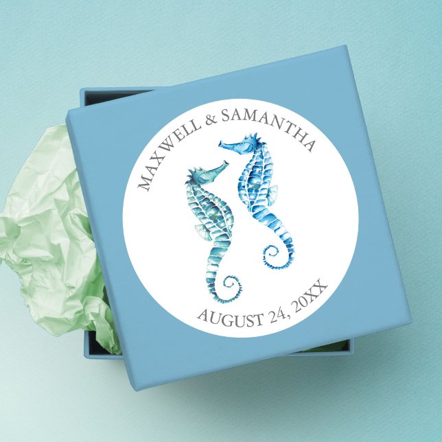 Adesivo Envelope Seal Sticker, Casamento Blue Seacavalo Be (wedding stickers for favors unique watercolor seahorse art by Victoria Grigaliunas)
