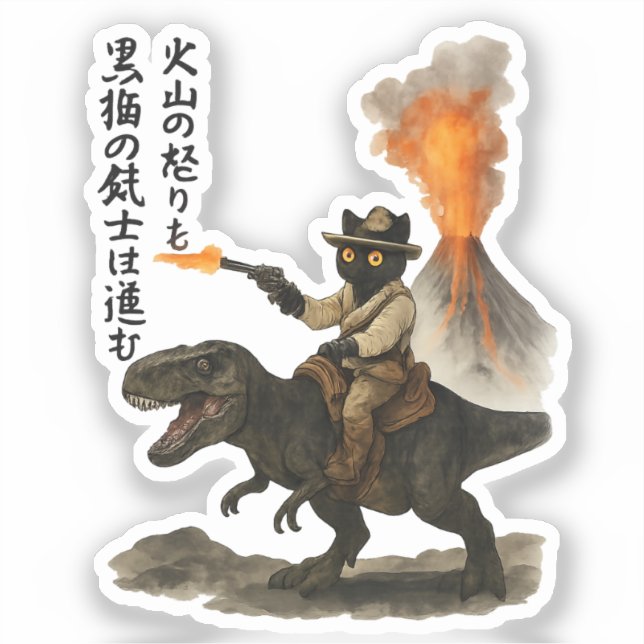 Adesivo Epic Black Cat Cowboy Riding Dinosaur with Volcano (Frente)