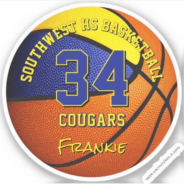 Adesivo equipe de basquetebol cores crianças nome ouro azu (Frente)