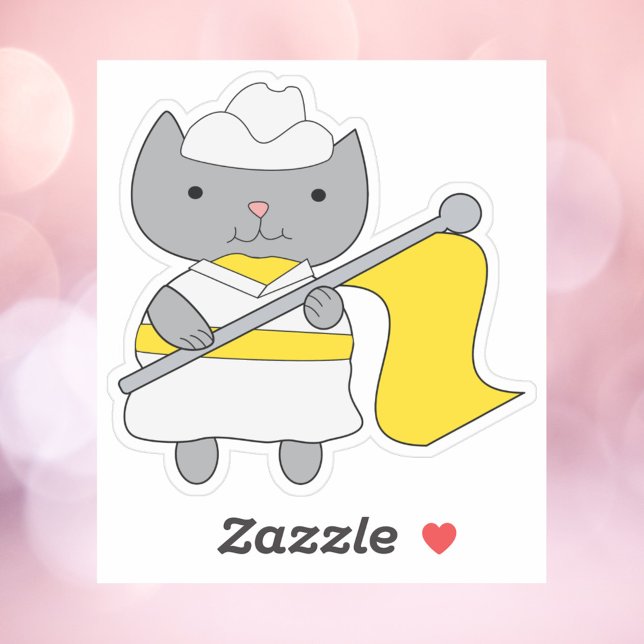 Adesivo Equipe de Sinalizador de Guarda de Cor Branco Amar (A sticker of a gray cat wearing a yellow and white flag team uniform.)