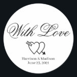 Adesivo Escrita cardíaca Palavra-presente de casamento<br><div class="desc">personalizar texto,  nome Dosagem de presente de casamento favoritos etiquetas com amor dois corações preto e branco</div>