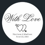 Adesivo Escrita cardíaca Palavra-presente de casamento<br><div class="desc">personalizar texto,  nome Dosagem de presente de casamento favoritos etiquetas com amor dois corações preto e branco</div>