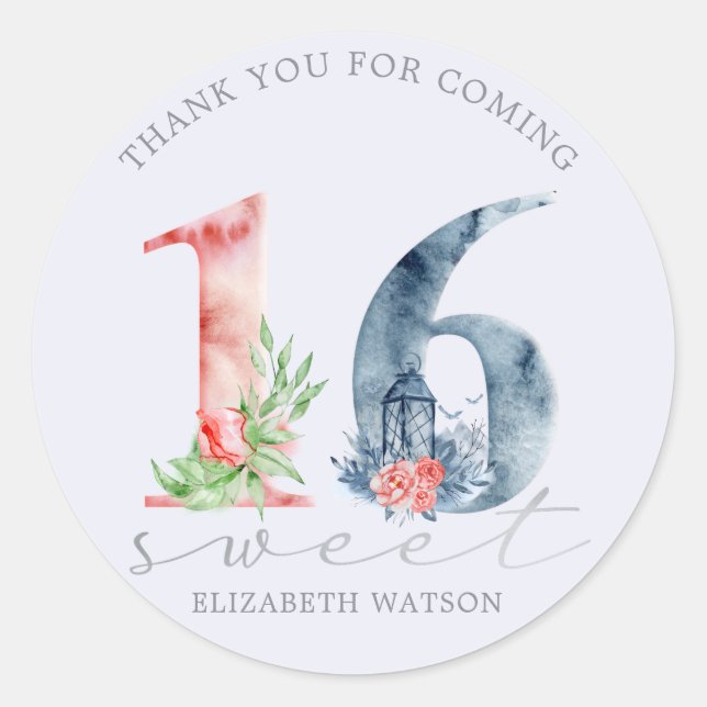 Adesivo Escrito floral de aquarela elegante doce dezesseis (Frente)