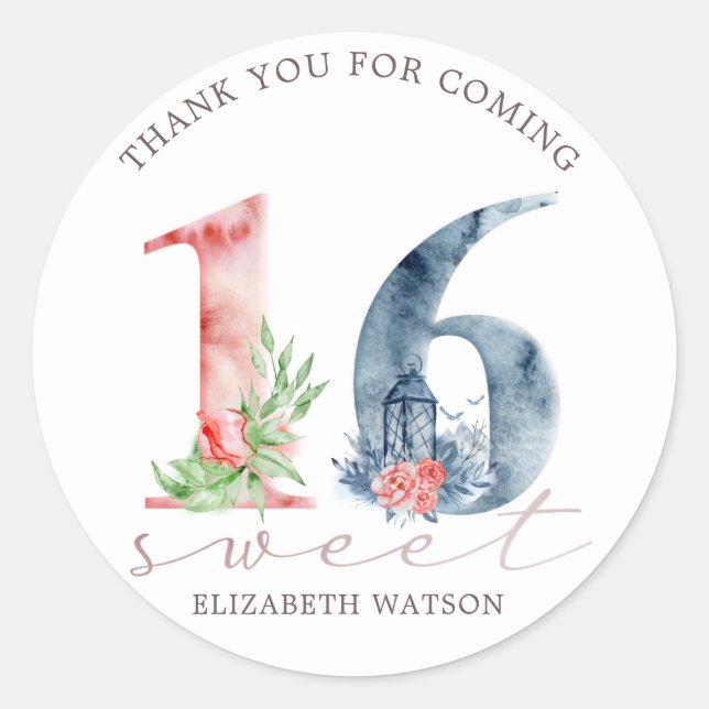 Adesivo Escrito floral de aquarela elegante doce dezesseis (Frente)