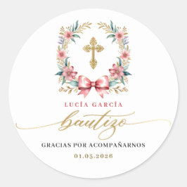 Adesivo Espanhol De Bautizo Gracias Dourado e Rosa