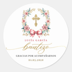 Adesivo Espanhol De Bautizo Gracias Dourado e Rosa