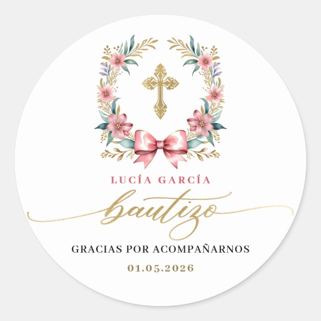 Adesivo Espanhol De Bautizo Gracias Dourado e Rosa (Frente)