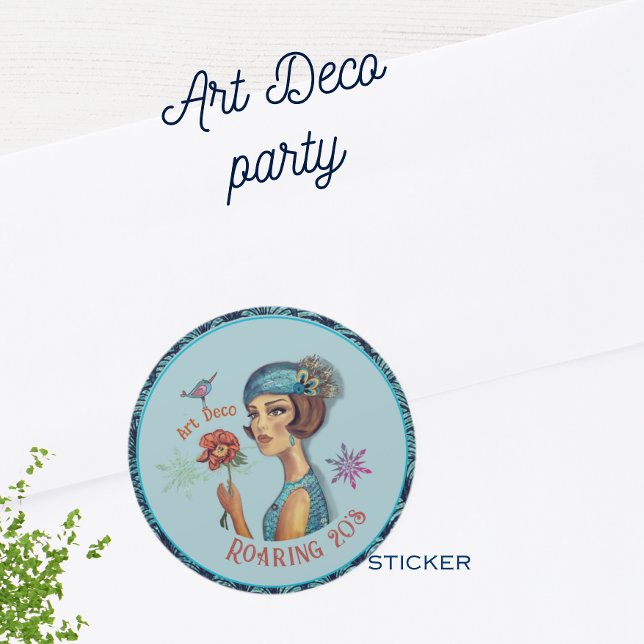 Adesivo Espantosa de 20 anos em azul (Zazzle Roaring 20's Art Deco Lady in Blue Classic Round Sticker (Envelope))