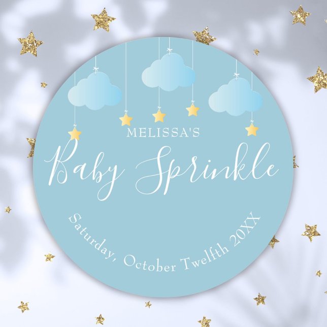 Adesivo Espingarda borrifada Pequena Estrela Chá Azul (Twinkle Sprinkle Little Star Baby Boy Shower Blue Classic Round Sticker)