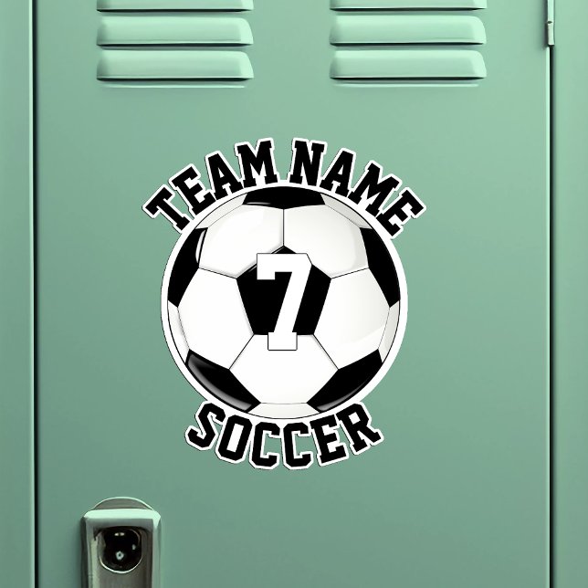 Adesivo Esportes Personalizados de Nome e Número do Jogado (Soccer sticker with custom team name and player number on a metal locker)
