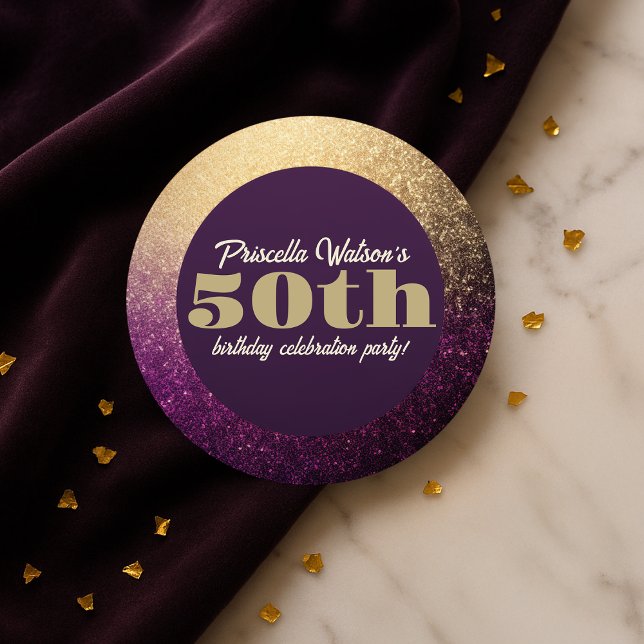 Adesivo Espumante Roxo e Festa de aniversário Dourada (Sparkling Glitter Purple and Gold Birthday Party Classic Round Sticker)