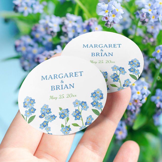 Adesivo Esquece-me de Blue Watercolor. (Forget Me Not Blue Watercolor Wedding Bride Groom Classic Round Sticker)