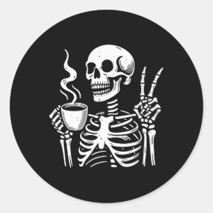 Adesivo Esqueleto Bebendo Café Sinal de Paz Gótico Hallowe