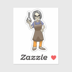 Adesivo Esqueleto como cabeleireiro com tesoura