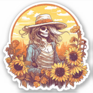 Adesivo Esqueleto De Cowgirl Ocidental Com Flores De Sol A