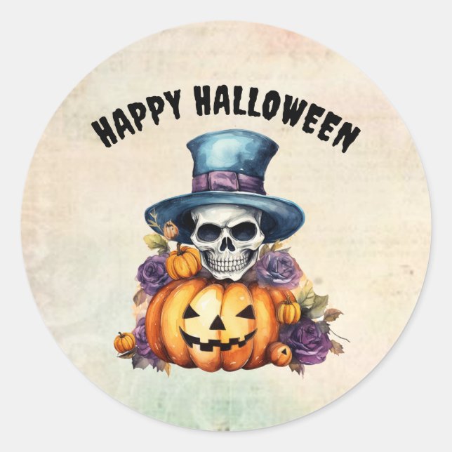 Adesivo Esqueleto Feliz de Halloween e Pumpkin Sticker (Frente)