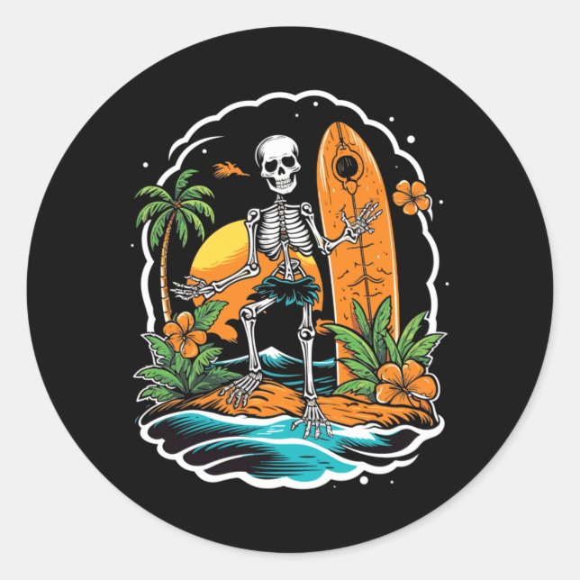 Adesivo Esqueleto Surfando Performance de Halloween no Hav (Frente)