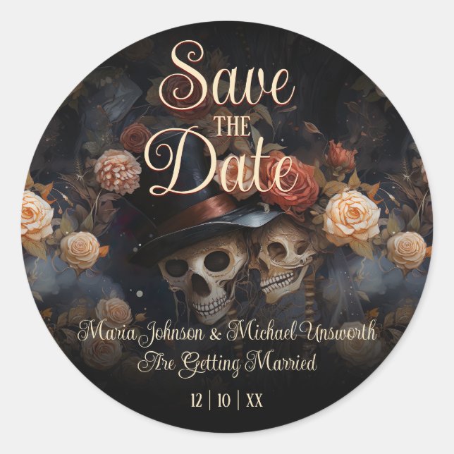 Adesivo Esqueletos se Beijando Cartão de Save The Date Gót (Frente)