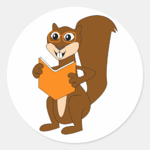 Adesivo Esquilo de Cartoon Bonito com Livro de Leitura de