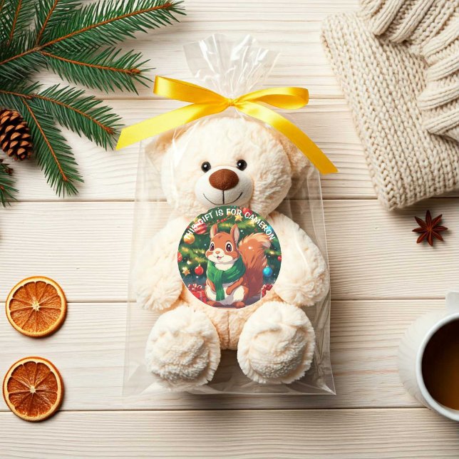 Adesivo Esquilo de Natal Bastante Personalizado (Personalized Cute Christmas Squirrel Classic Round Sticker.)