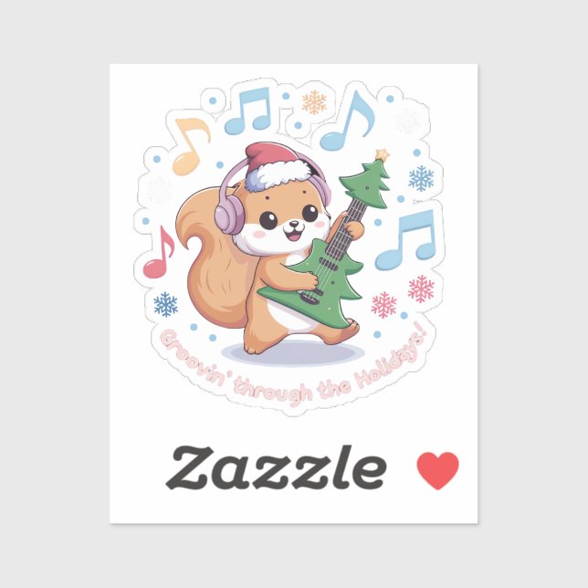 Adesivo Esquilo Festivo tocando guitarra cercada de neve (Folha)