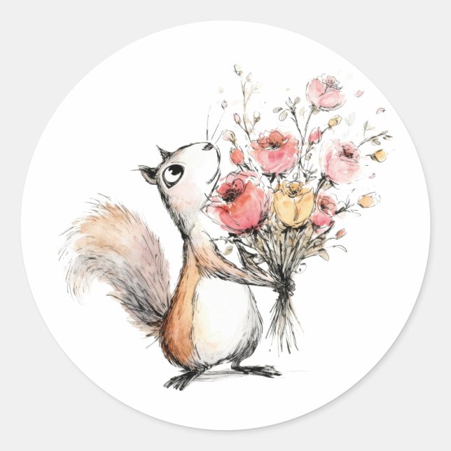 Adesivo Esquilo Fofo com Buquê de Flores (Frente)