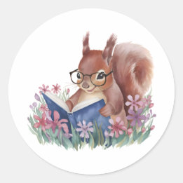 Adesivo Esquilo Lendo Um Livro, Escondido Em Flores