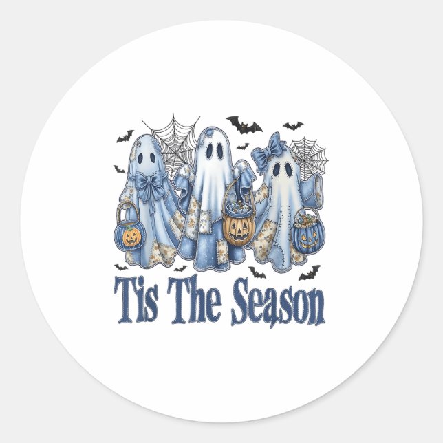 Adesivo Esta É A Época Blue Patchwork Ghost Pumpkin Spooky (Frente)