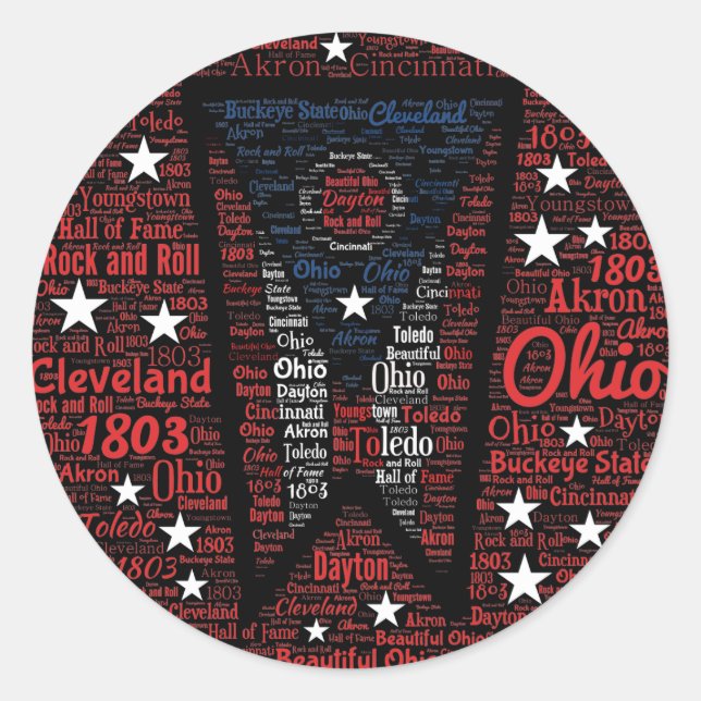 Adesivo Estado de Ohio Word Art Round Sticker, Glossy (Frente)