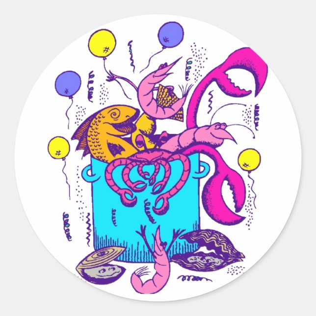 Adesivo Estilo Cajun Pote com peixes, lagostas, camarões (Frente)