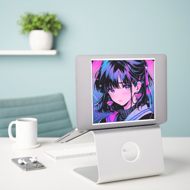 Adesivo Estilo de Anime de Garota Triste dos 90 (Laptop na mesa)
