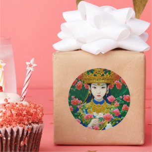 Adesivo Estilo Vintage Abstrato asiática Garota com Flores