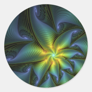 Adesivo Estrela Abstrata, Arte Fractal Dourada Verde Azul 