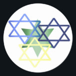 Adesivo Estrela Colorida De David Sticker<br><div class="desc">Na moda Hanukkah envelope selo adesivo,  com gráficos excelentes de estrelas verdes,  azuis e amarelas de David sobrepostas. Excelente como selos de envelopes para seus cartões ou convites de festas de Chanucá,  ou favoritos para festas para as crianças.</div>