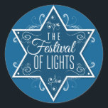Adesivo Estrela do Festival de Luz Azul Hanukkah<br><div class="desc">Uma estrela azul de cobalto grande de David é a peça focal deste adesivo imprimindo contra um fundo azul mais claro. As palavras "O Festival das Luzes" dentro a estrela com espirais dentro e radiando para fora da estrela para fazer um adorável favor Chanucá. Excelente como envelope ou selo de...</div>