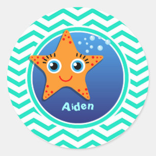 Adesivo Estrela do mar alaranjada; Aqua Chevron verde