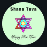 Adesivo Estrela judaica Shana Tova<br><div class="desc">A estrela judaica de Shana Tova caracteriza a estrela de David hebréia do vitral do estilo e o cumprimento ensolarado por um feliz ano novo.</div>