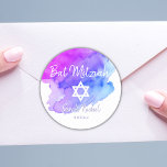 Adesivo Estrela Púrpura de Água de David Bat Mitzvah<br><div class="desc">Adicione este lindo adesivo de envelope redondo sela judeu Bat ou Bar Mitzvah aos seus convites, envelopes, cartas de agradecimento ou qualquer outro item como obrigado que você dá ou favorece. Para o menino ou para a menina. Design de letras de caligrafia branca moderna de Tendy. Fundo de aquarela em...</div>