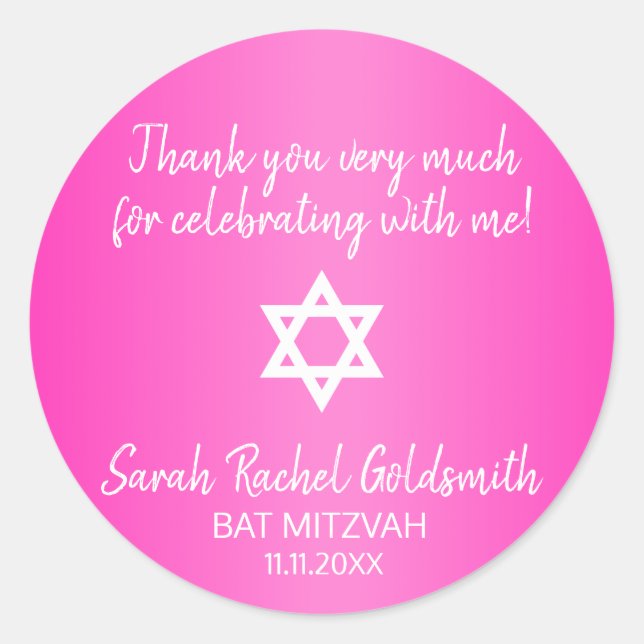 Adesivo Estrela Rosa Quente de David Bat Mitzvah Seals (Frente)