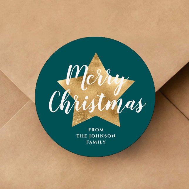 Adesivo Estrela Verde elegante Feliz Natal (Merry Christmas Gold Star Green Classic Round Sticker)