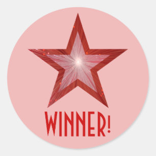 Adesivo Estrela Vermelha 'WINNER!' vinheta redonda rosa p